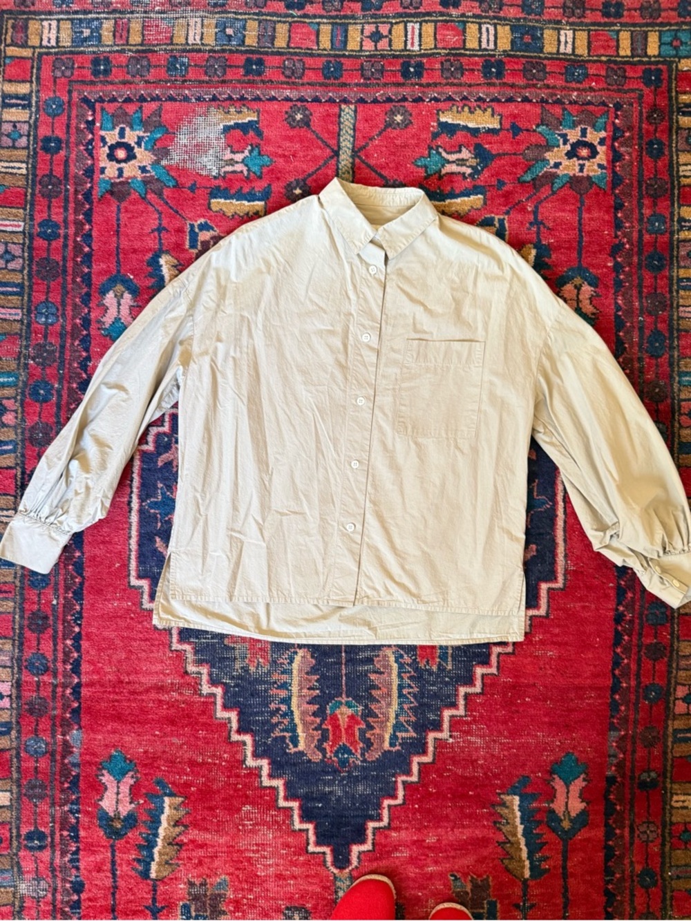 EGG TRADING London - Green Beige Cotton Button-Up Shirt - Volume Sleeves!